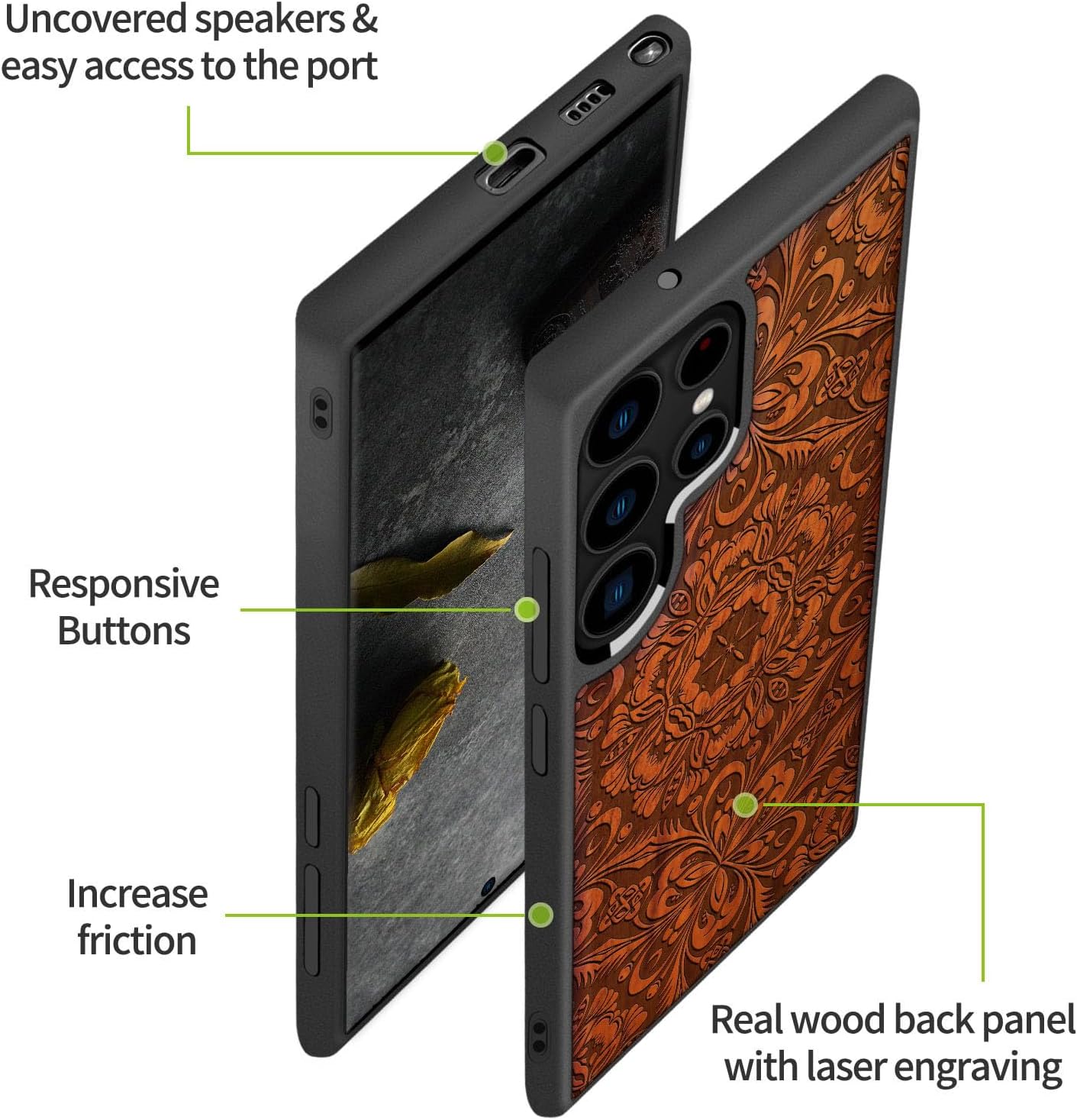 Carveit Wood Case for Galaxy S22 Ultra Case [Natural Wood & Black Soft TPU] Shockproof Protective Cover Unique & Classy Wooden Design Compatible with Samsung S22 Ultra (Baroque Blossom-Rosy)