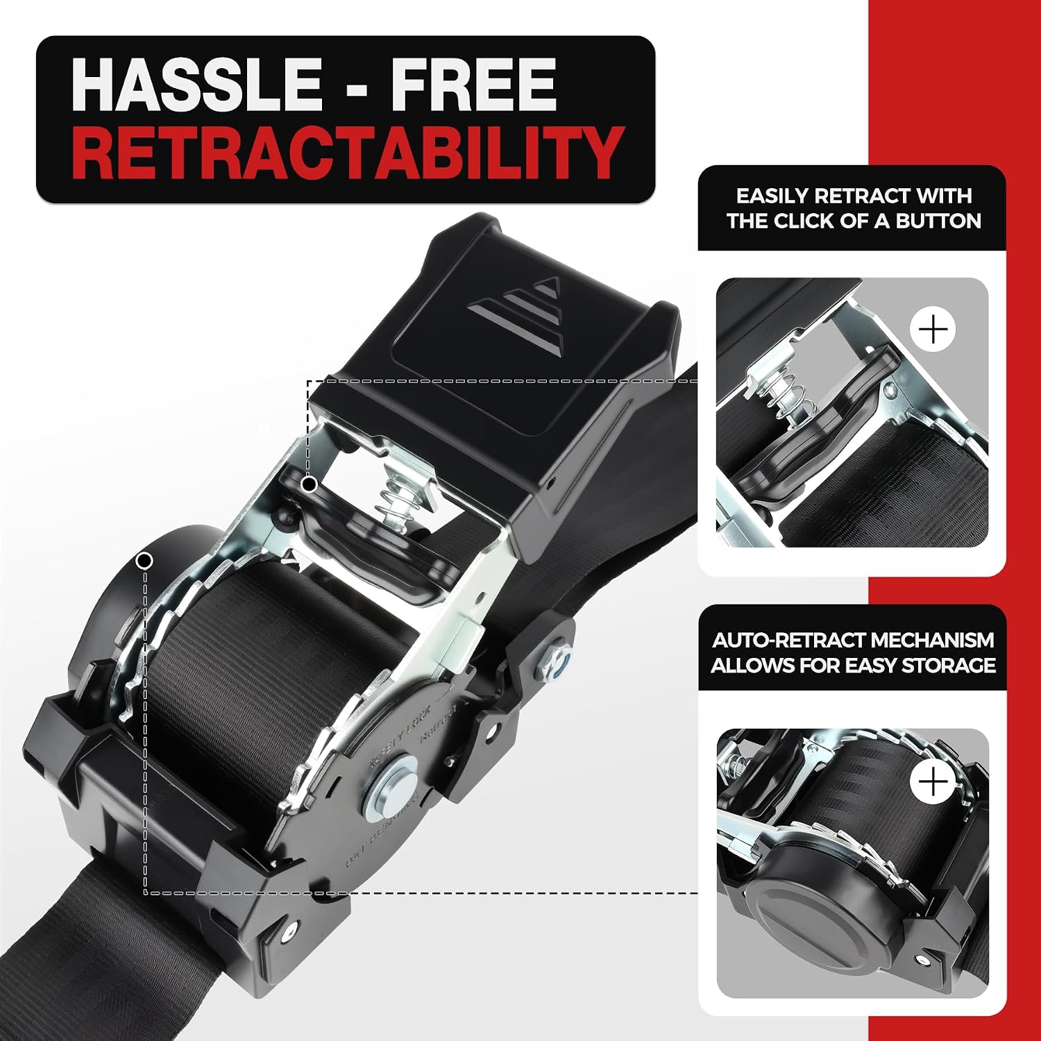 Retractable Ratchet Straps 2 Inch x 10 Feet Heavy Duty – 4,400 lbs Break Strength – Suitable for Truck Beds, Boat Trailers, Motorcycles, Cargo, ATVs – Self-Retracting Tie Downs Includes Storage Bag