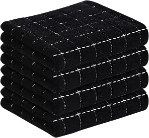 smiry 100% Cotton Terry Kitchen Towels, 4 Pack Ultra Soft and Absorbent Cleaning Dish Cloths, 13 x 28 inches Checkered Designed Non-fluffing Quick Drying Dish Towels and Tea Towels, Black
