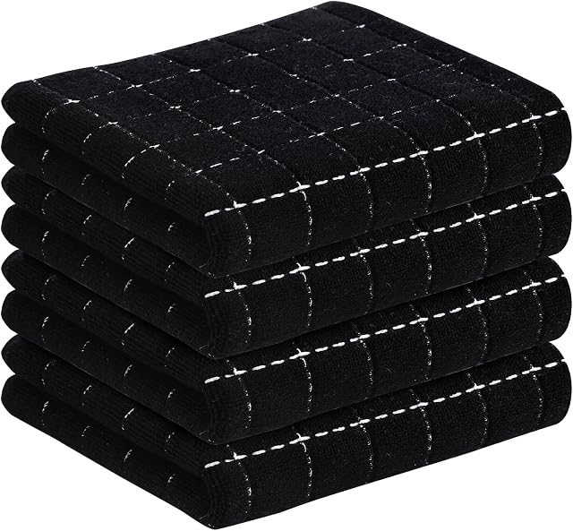 smiry 100% Cotton Terry Kitchen Towels, 4 Pack Ultra Soft and Absorbent Cleaning Dish Cloths, 13 x 28 inches Checkered Designed Non-fluffing Quick Drying Dish Towels and Tea Towels, Black