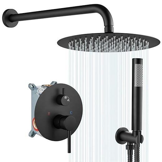 gotonovo Shower System 10 Inch Round Rainfall Showerhead Wall Mounted High Pressure Shower Faucet Set Fixture Combo with Rough in Valve and Cylindrical Handheld Spray, Matte Black