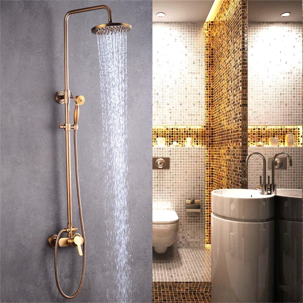 Juego de ducha de cobre antiguo, redondo, montaje en pared, sistema de ducha con grifo de bañera y alcacho/ducha de lluvia y ducha de mano, barra de ducha ajustable, bronce retro