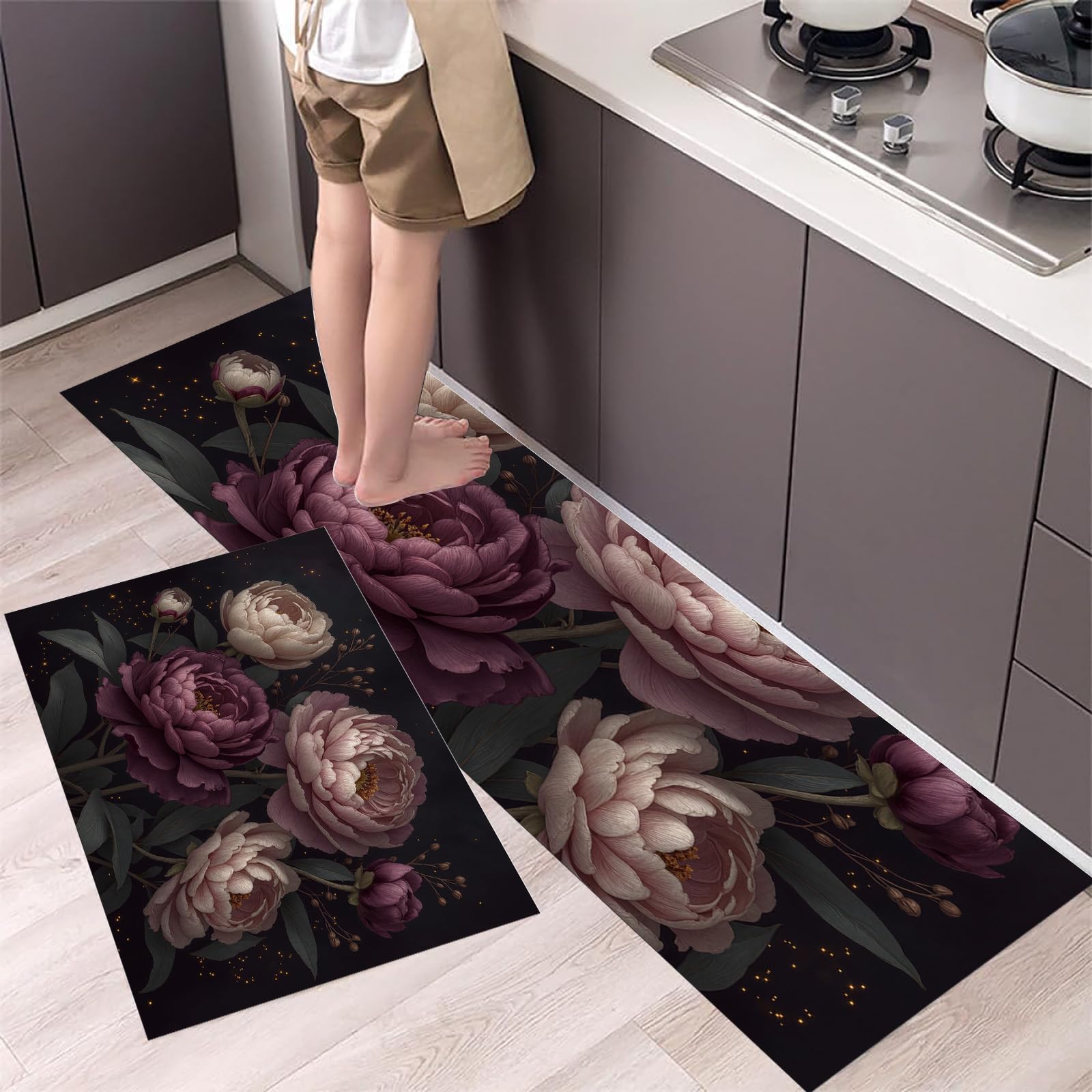 Tapis de cuisine au motif pivoine violet foncé pour décorer la maison et le bureau debout