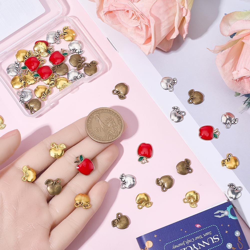 SUNNYCLUE 1 Box 50Pcs 5 Styles Metal Apples Charm Gold Fruit Charms Bulk Tibetan Alloy Small Red Silver Apples Fruits Shaped Pendants for Jewelry Making Earring Necklaces Bracelet Key Chain DIY Crafts - Image 3