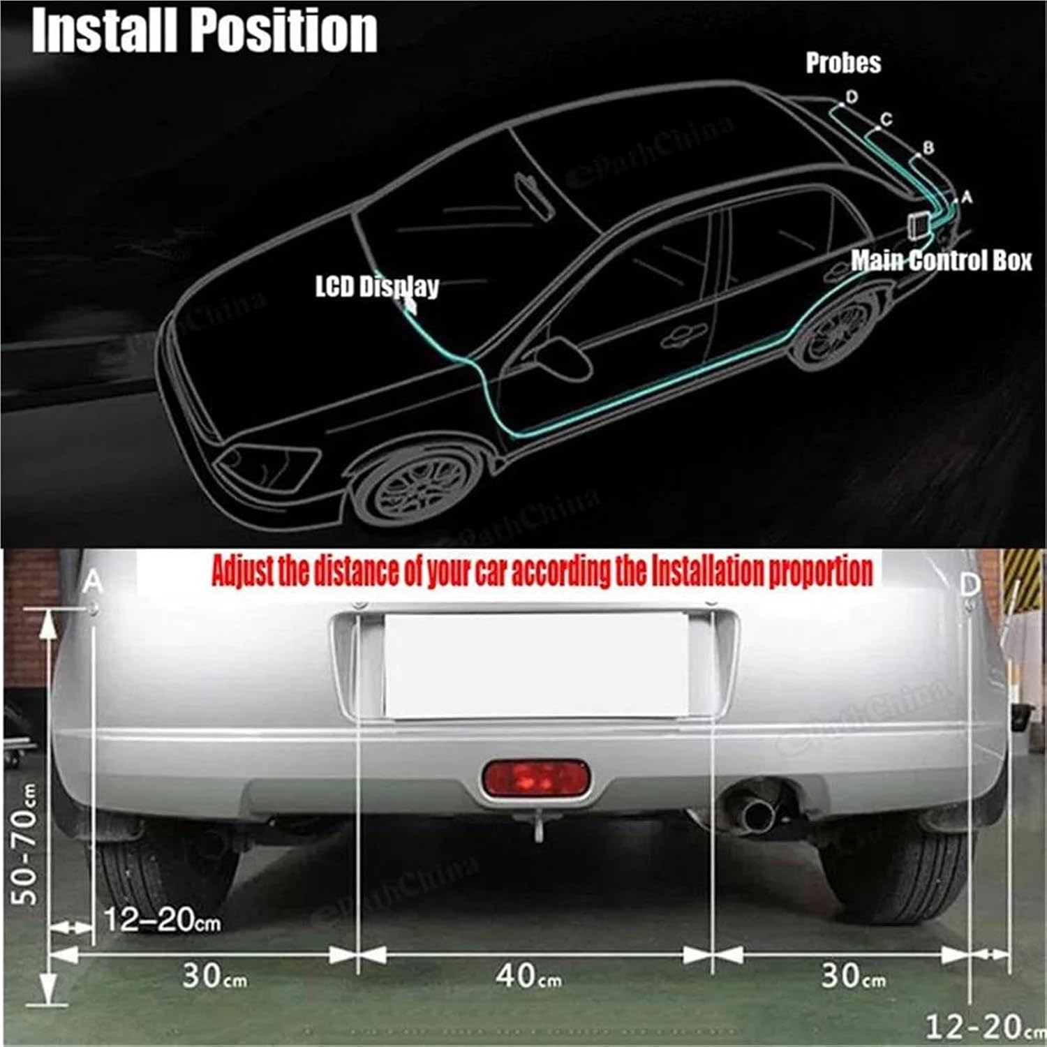 Reverse Backup Radar LED Parking Sensor System Backlight Monitor Display Kit Backup Detector Assistant 4 Probes(Red)(Gold)