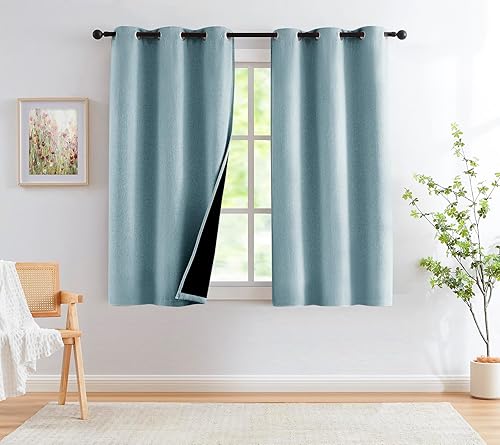 Cortinas de lino opacas completas para dormitorio, color azul aguamarina, arpillera retro de lino texturizado, tratamiento de ventana, bloqueo de