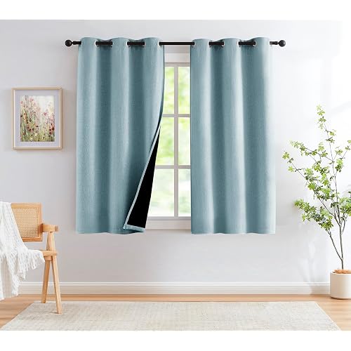 Full Blackout Linen Curtains for Bedroom, Aqua Blue, Retro Burlap Linen Textured Privacy Window Treatment Light Blocking Energy Efficient Curtain Panels Grommet Top 40" W x 63" L, Set of 2,