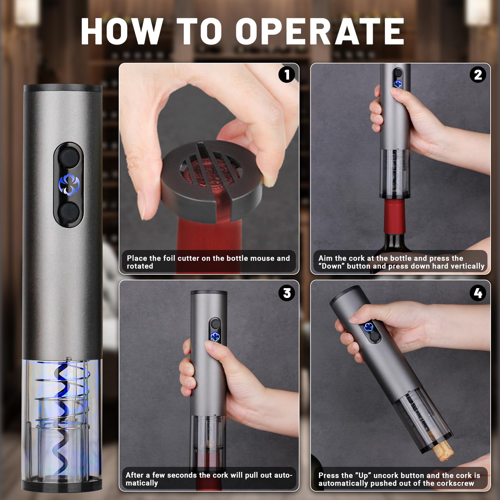 Juego de abridor de vino eléctrico, sacacorchos de vino automático recargable con cortador de papel de aluminio, tapón al vacío, vertido de vino para bodas, fiestas, regalos en el hogar (plateado) 2