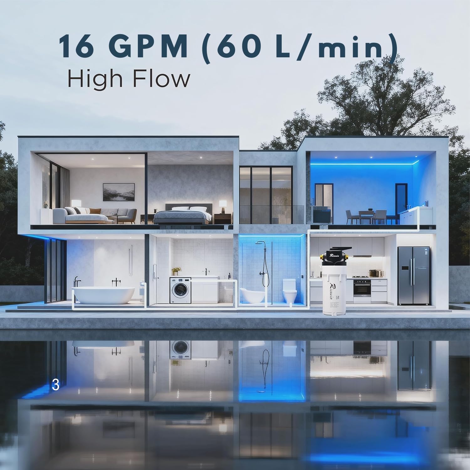 20'' Whole House Water Filter System with 4 Modes and Bypass Design,Removes Iron,Sediment & Rust,Freeze Proof,High Flow Pre-Filtration System for Well Water & Large Houses (Single stage,Black)