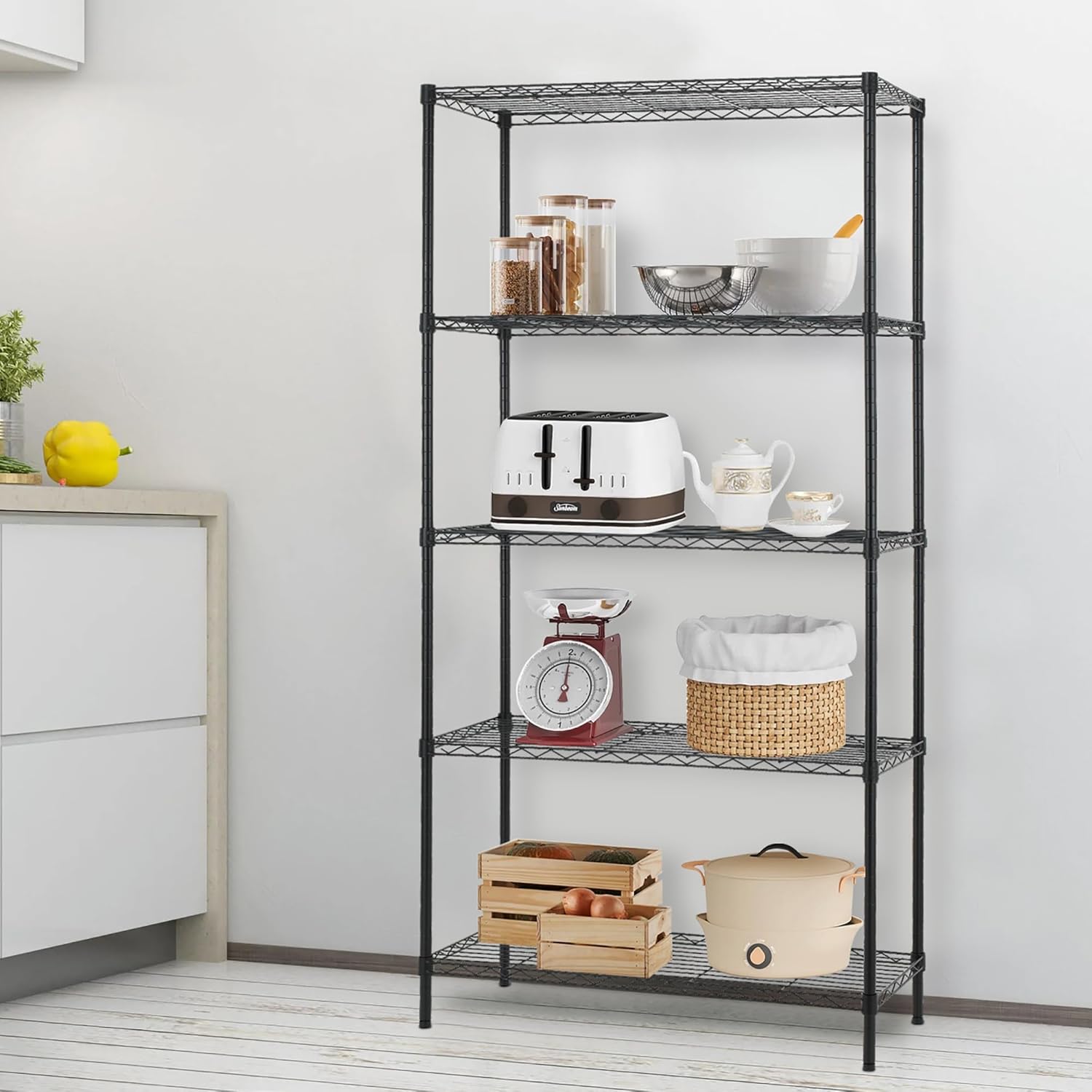 24/7 Shop at Home Iridium 5 Tier Shelf Wire Shelving Unit NSF Wire Shelf Metal Large Storage Shelves Heavy Duty Height Adjustable Utility for Garage, Kitchen, Office, Black