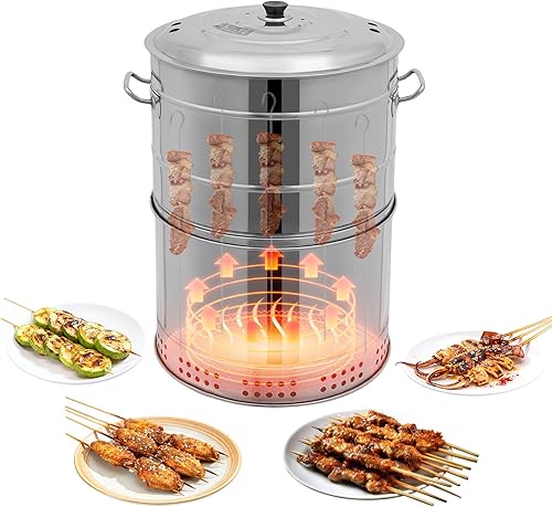 Parrillas de carbón portátiles grandes verticales de carbón con 50 pinchos, parrilla de barbacoa de carbón inoxidable, barril de barbacoa de 360° al