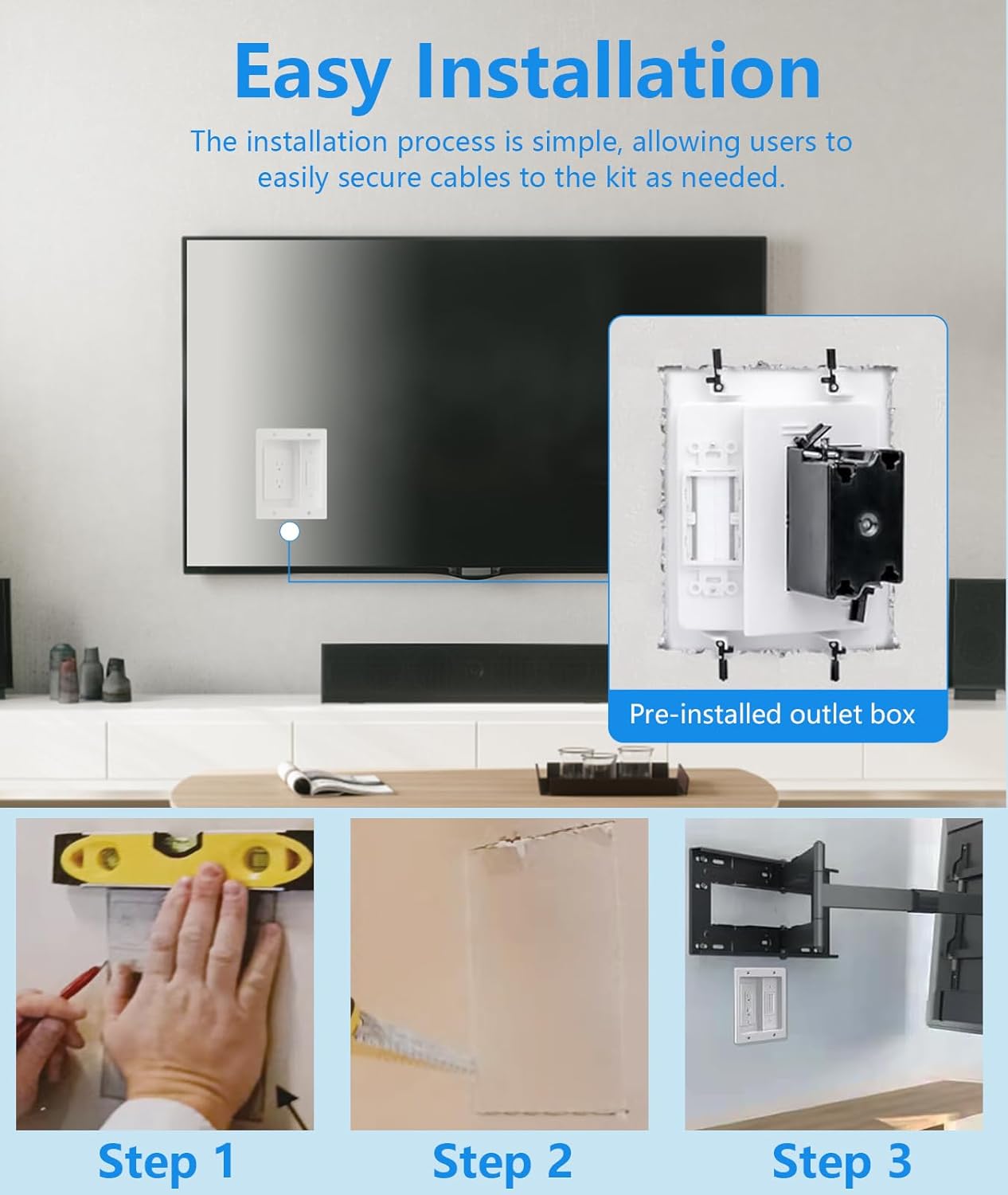 TV Cord Hider for Wall Mounted TV – Dual Outlet in-Wall Cable Management Kit for Power & Low Voltage Cables – Includes 9.84”L x 7.87”H x 3.94”D Module, Wall Template, Saw (2 Data Cable Jacks)