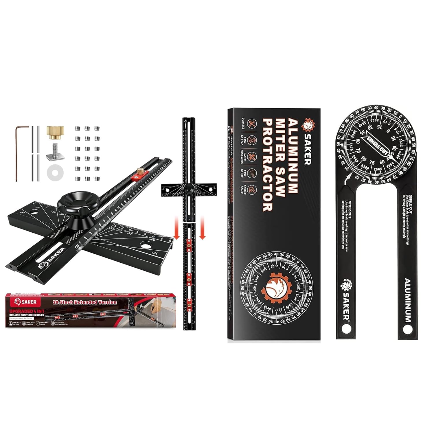 Saker Miter Saw Protractor AND Saker 4-in-1 Scriber Marking Line Ruler, 29.5in Spliceable Extended T Square