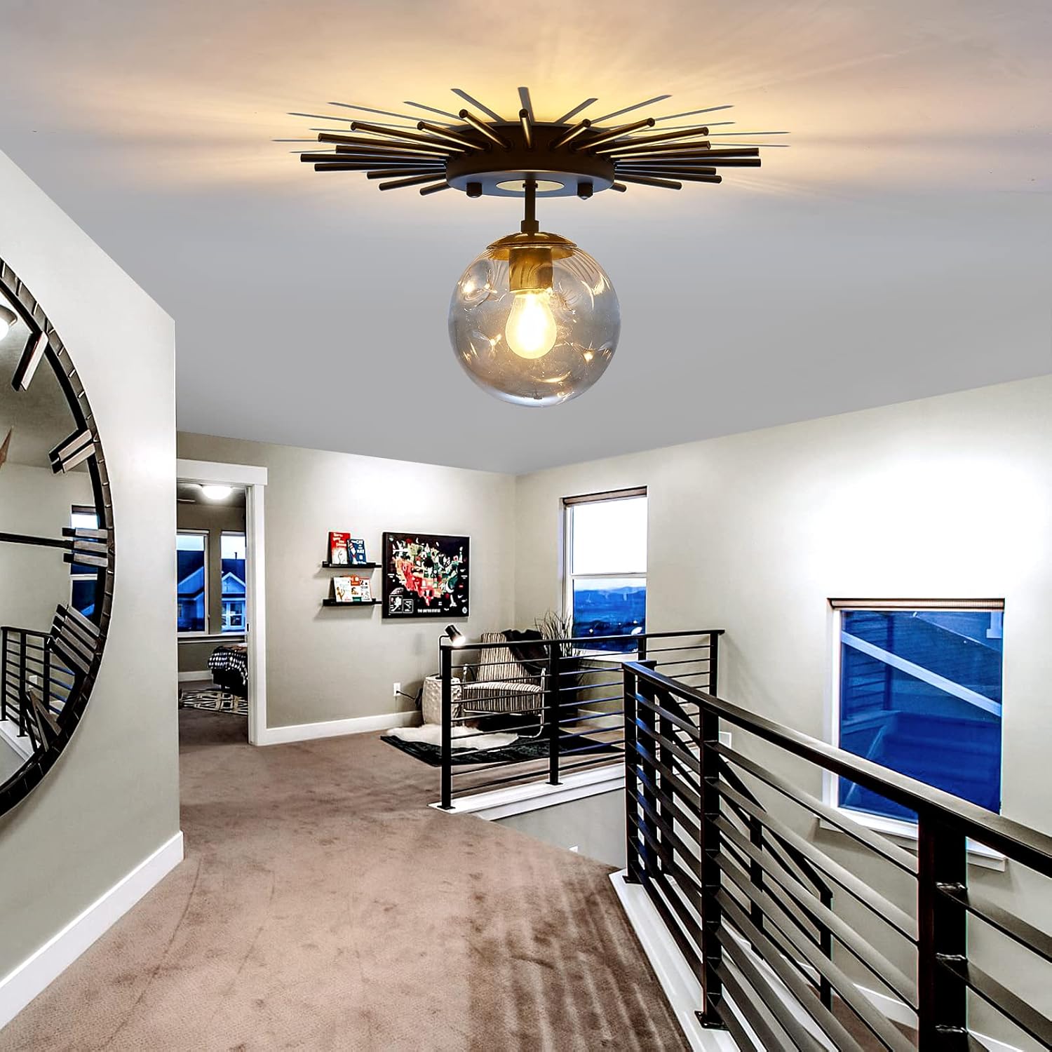 UOFUS Small Black Flush Mount Ceiling Light with Glass Globe Sputnik Starburst Chandelier 1-Light Close to Ceiling Light Fixture for Hallway Dining Room Bedroom Kitchen Foyer Closet Bathroom