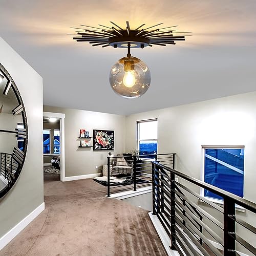 Miniatura 6 de UOFUS Lámpara de techo pequeña de montaje empotrado negra con globo de cristal Sputnik Starburst 1 luz cerca de techo para pasillo, comedor,