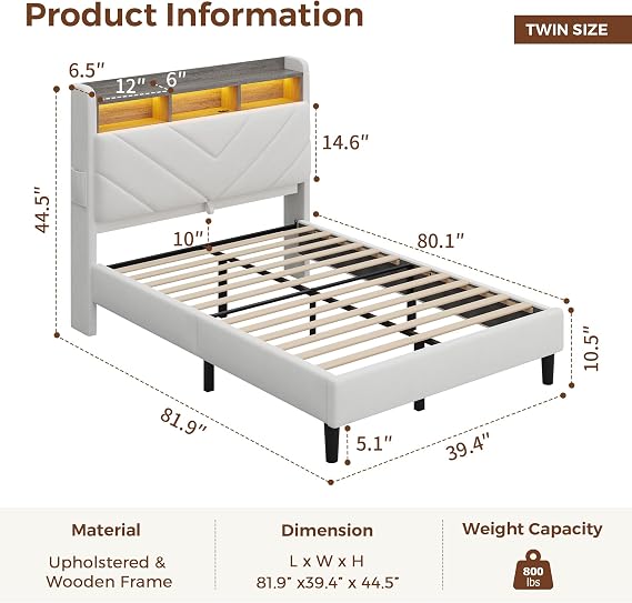 Jocoevol Velvet Bed Frame with Ergonomic Headboard, Upholstered Platform Bed with LED Light & Charging Station, Wooden Slats Support, Noise-Free, No Box Spring Needed (Twin, Beige)