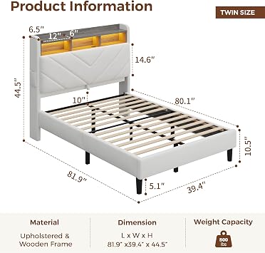 Jocoevol Velvet Bed Frame with Ergonomic Headboard, Upholstered Platform Bed with LED Light & Charging Station, Wooden Slats Support, Noise-Free, No Box Spring Needed (Twin, Beige)