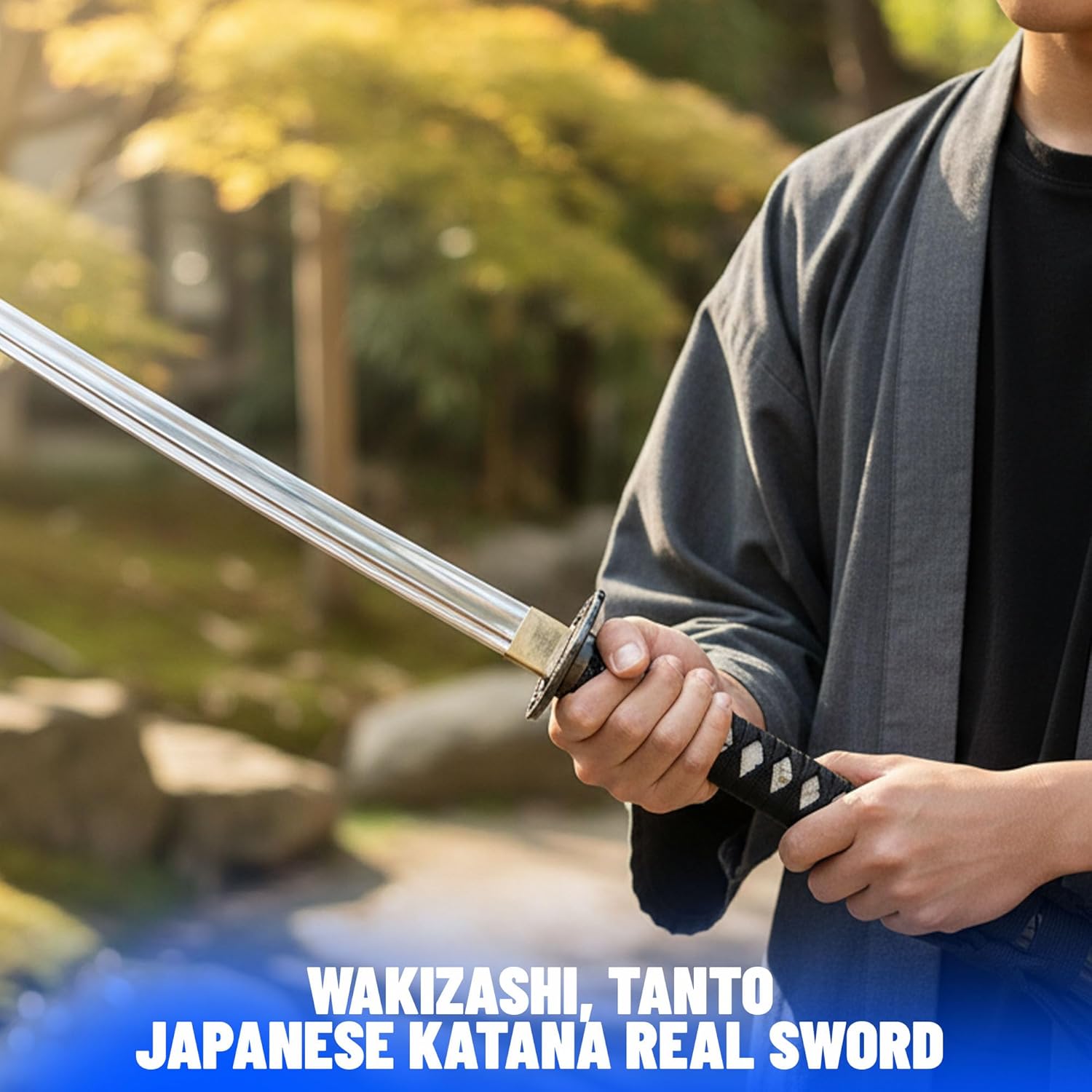 SZCO 39.5" Samurai Sword Set with Gold Dragon Scabbard – Katana Sword, Wakizashi, Tanto – Japanese Katana Real Sword Set with Display Stand