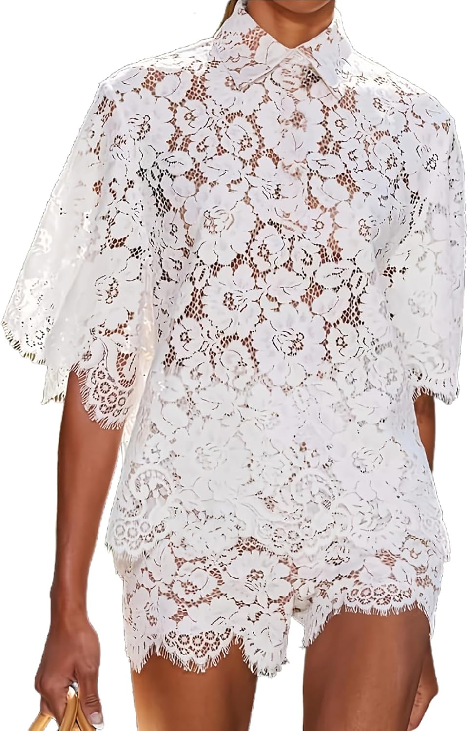 Womens Lace 2 Piece Outfits Short Sleeve See Through Loose Top Mini Shorts Sexy Summer Beach Vacation Sets