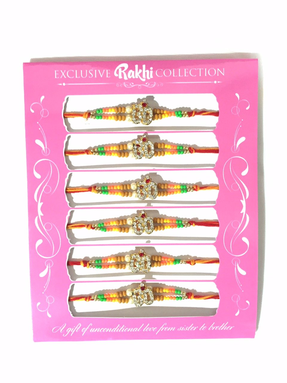 6 x Exclusive Rakhi Bracelet/Rakhi Thread -Ohm Aum Cover in Diamonds with Neon Coloured Beads