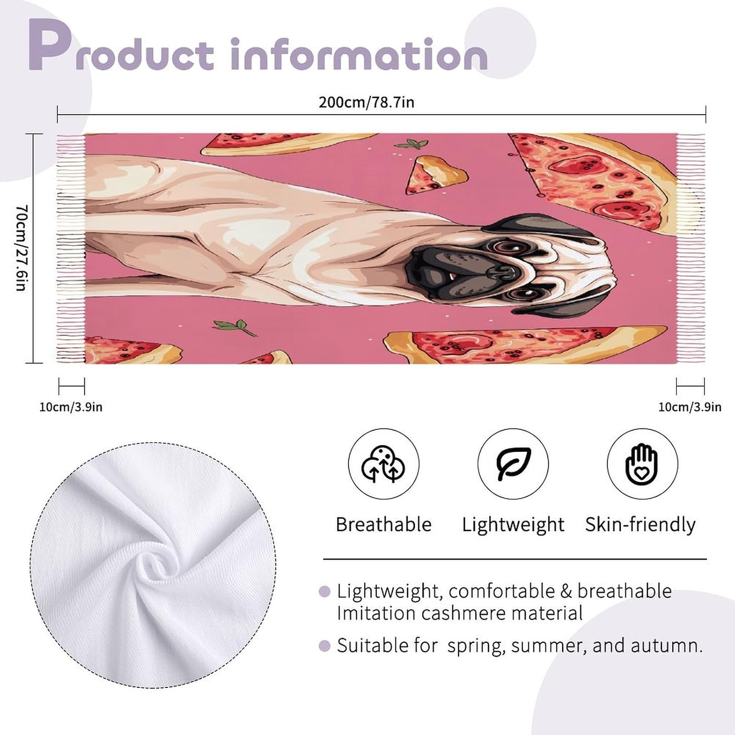 Pug Pizza Pink Winter Scarf for Women Soft Tassel Scarves Oversized Wraps Long Shawl Cold Weather Thick Blanket Scarfs