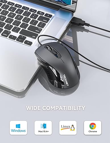 Miniatura 5 de TECKNET Ratón con cable USB-A para computadora portátil con 6 botones, ratón con cable de 1.5 metros para oficina y hogar, ratón PC ergo-óptico de