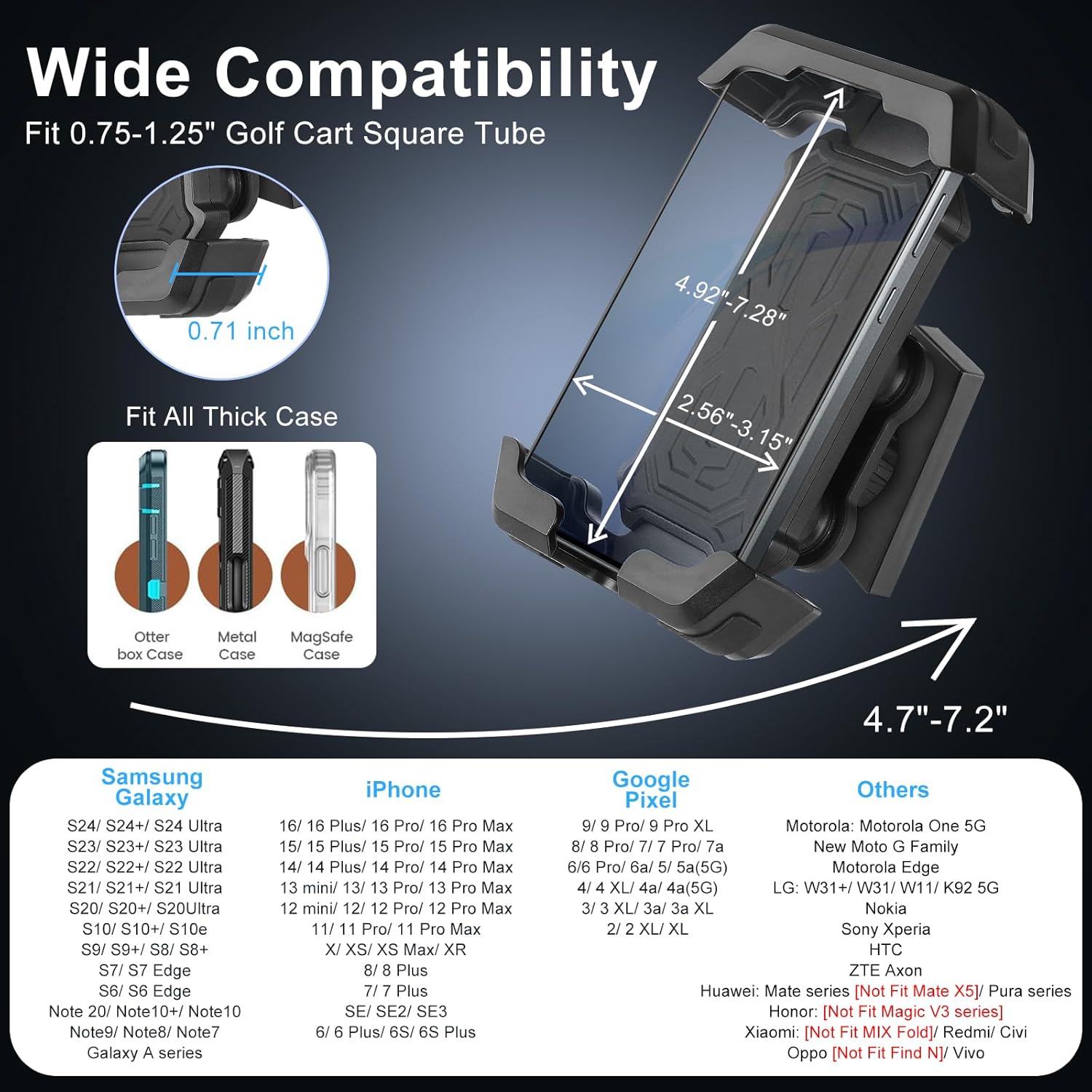 Golf Cart Magnetic Phone Holder Mount with 4 Vibration Dampeners and Anti Shake for EZGO/Club Car/Yamaha, Cell Phone Caddy with Upgrade N52 Magnets for 4.7"-7.2" iPhone/Samsung/Google Pixel