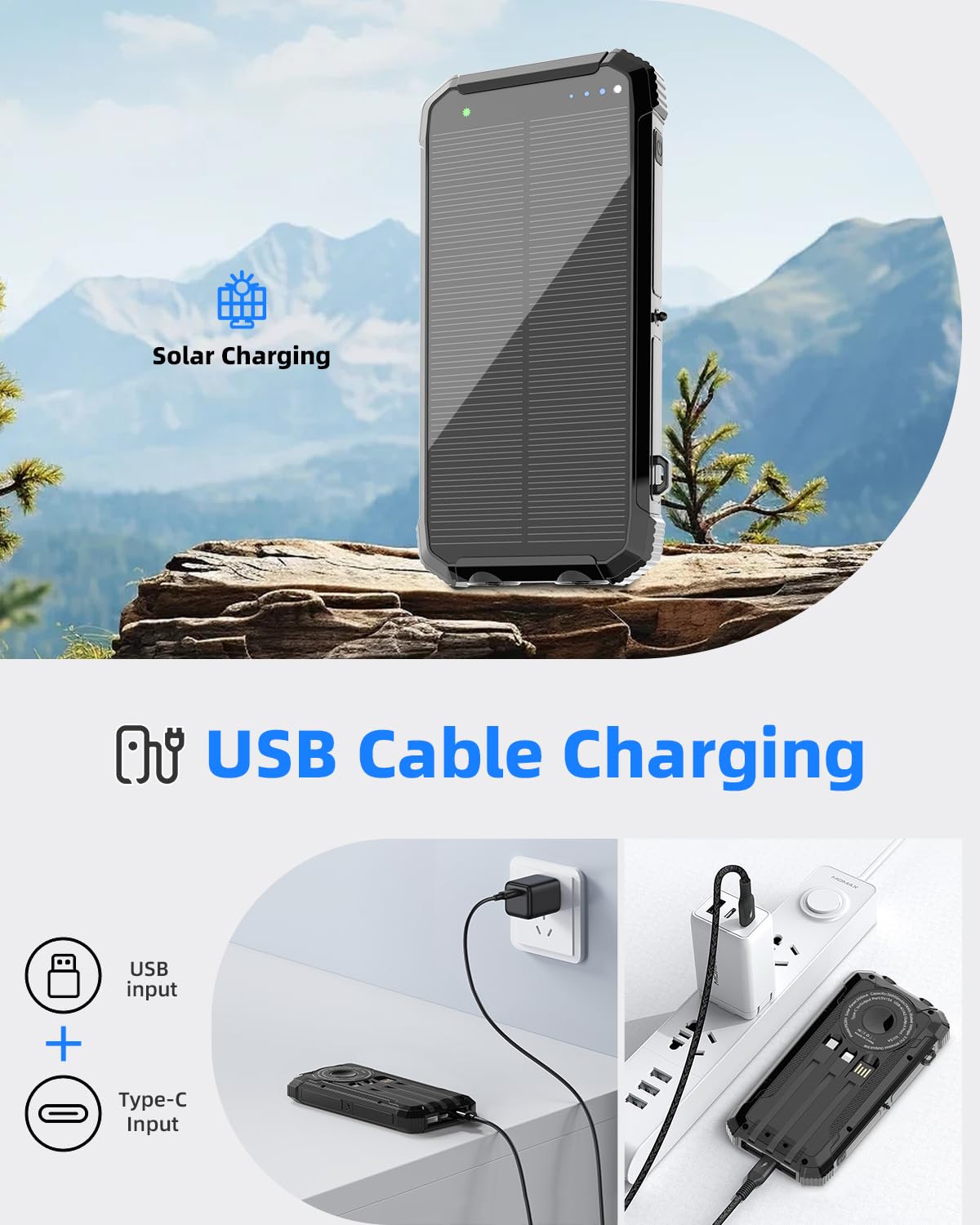 Nuynix Solar Power Bank 20000mAh, Wireless Fast Charger with 3 Built-in Cables, USB-C Output Portable Battery Pack, Dual Flashlights Power Bank for iPhone 17 16 15 14, Samsung Galaxy, Camping