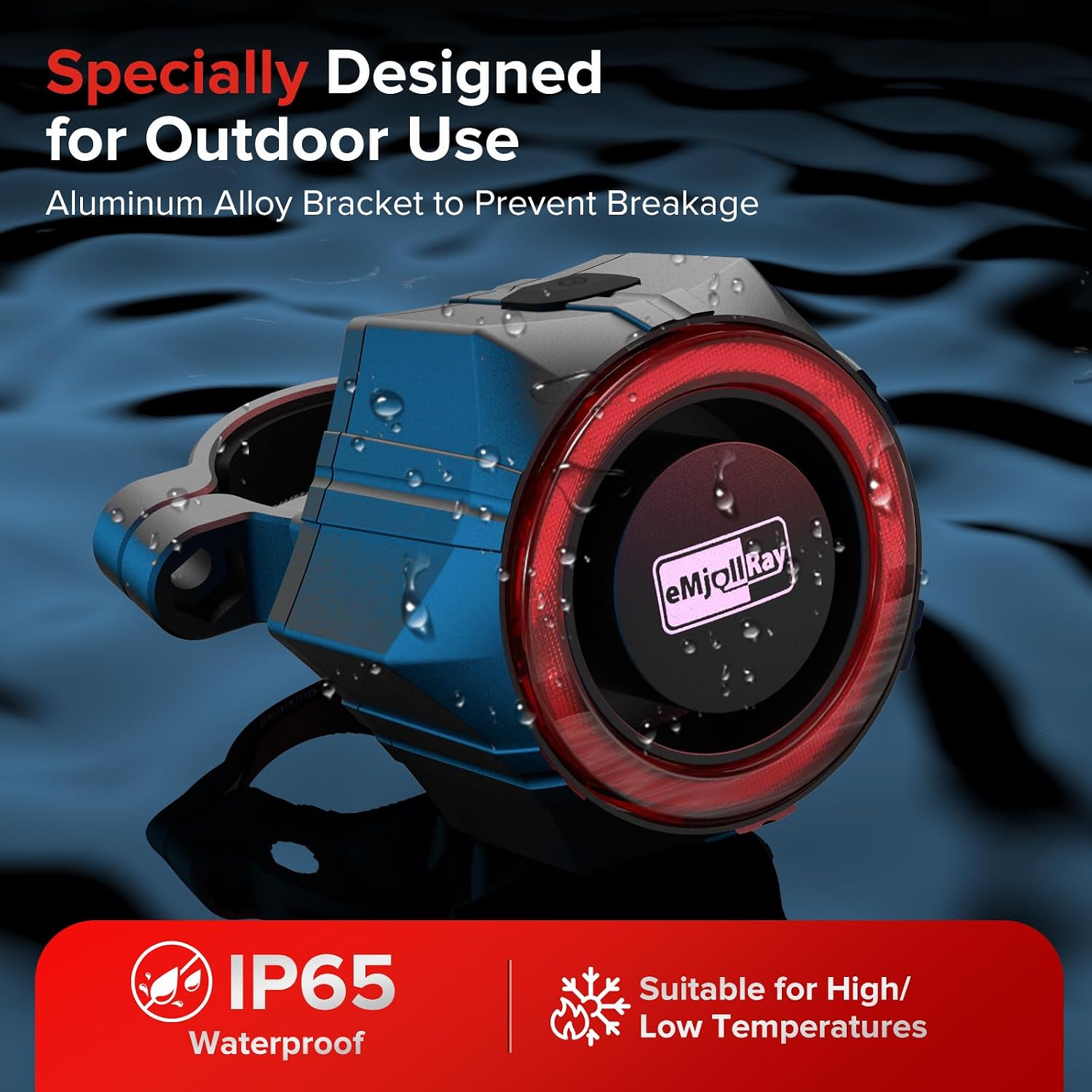 eMjollRay bike alarm unit showing IP65 waterproof rating
