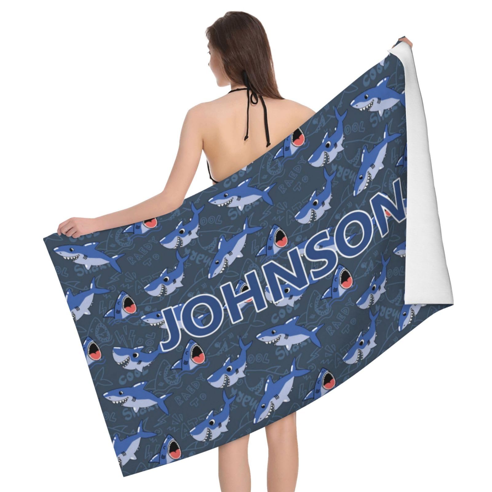Personalized Beach Towels with Names Text Custom Bath Towel Customized Gifts for Men Women Baby Shark