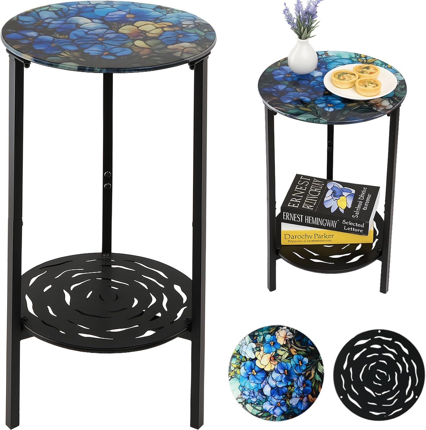2-Tier Metal Round Side Table Black Accent Coffee Tables Small Space Corner Plant Stand Shelf for Indoor Outdoor Use Patio Balcony End Table Floral Print Weather-Resistant