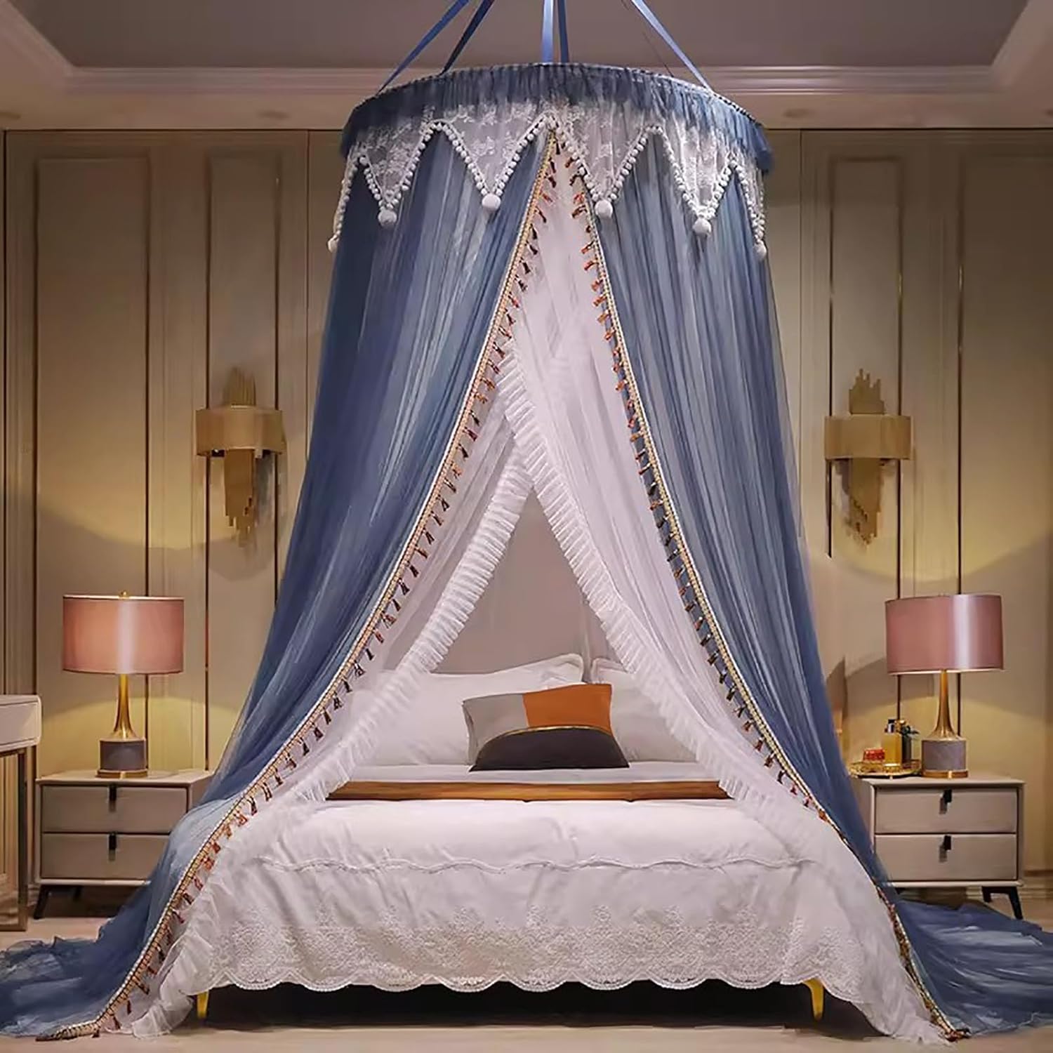 BK&MF Round Dome Mosquito Net for Bed, Double Layer Dreamy Drape Netting Bed Canopy with Star Lights, Easy Installation Bed Curtain for Girls Room Decor,Blue,150cm(60") Queen