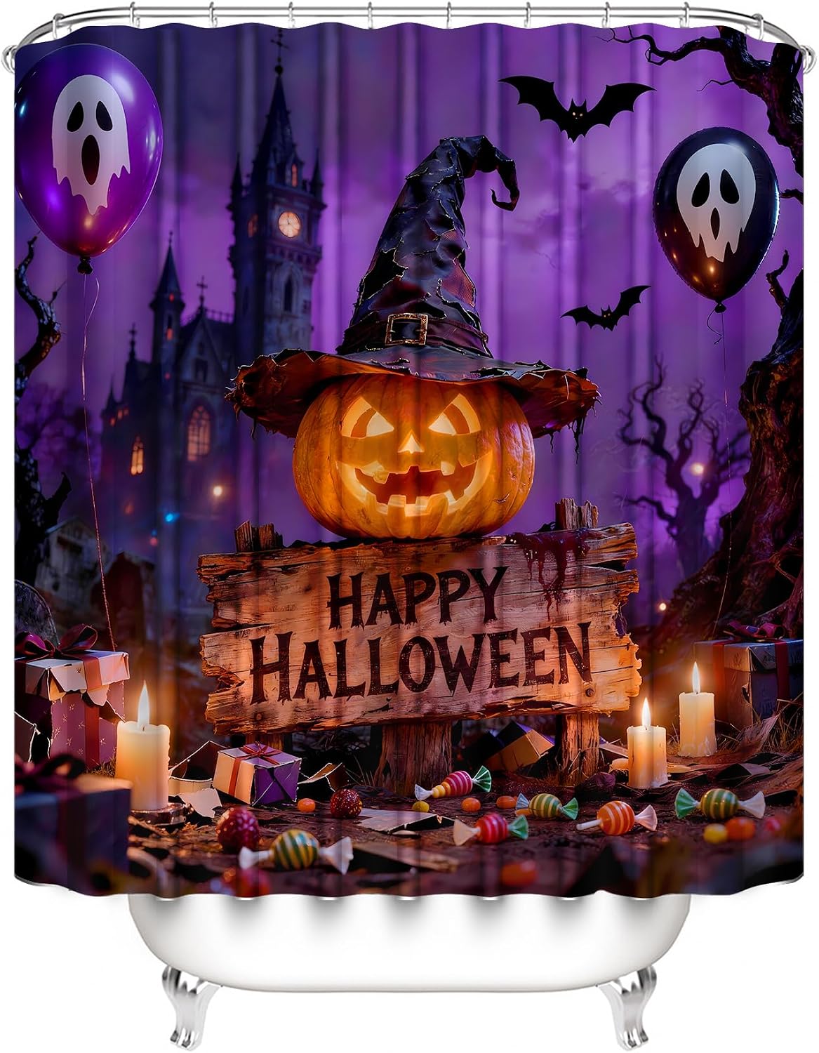Chrainy 4pcs Halloween Pumpkin Ghost Shower Curtain Set with Rugs 71*71 in