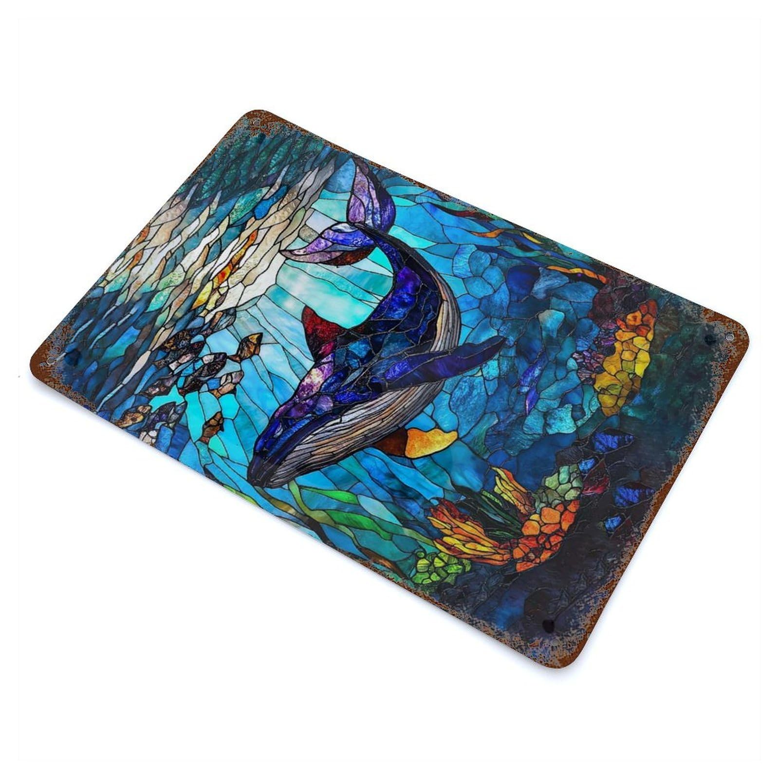 Rust Effect Stained Glass Whale Weathered Tin Sign 11.8"x7.9", Shabby Chic Decor for Cafe, Home Bar And Lounge Decor