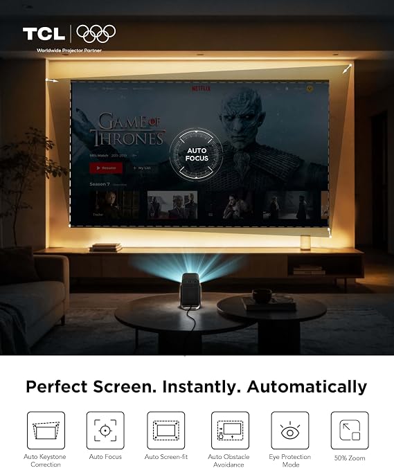 TCL C1 Smart Projector 4K Support, Compatible with Google TV, WiFi and Bluetooth, Auto Focus/Keystone, 1080P HDR10, Dolby Audio, 285 Rotation Mini LCD Projector for Bedroom/Home Theater/Outdoor,Black