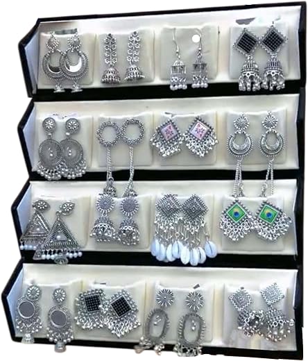 Oxidised Silver Jhumki Earrings Gift Hamper | Set of 16 Traditional Jhumkas with Folder-Style Jewellery Organizer | Ethnic...