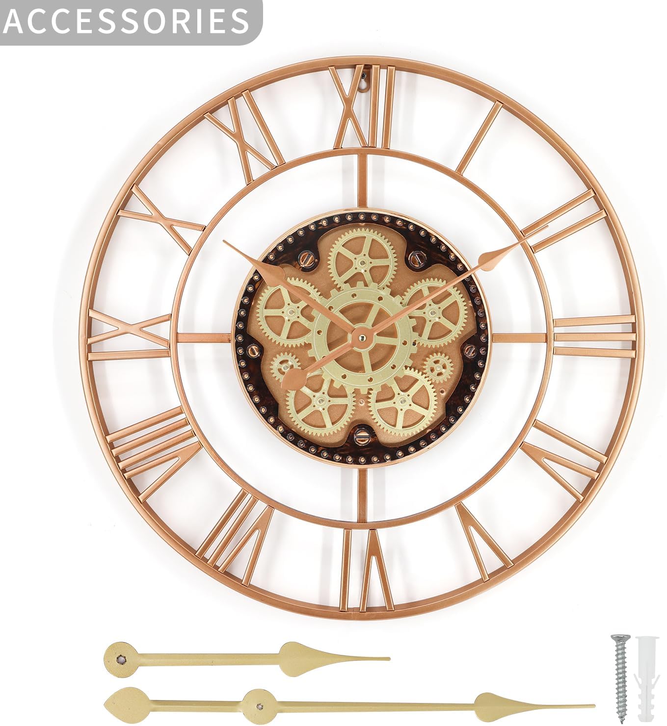 24 inch large wall clocks for living room decor with moving gears,large wall clock industrial steampunk,oversized metal analog wall clocks for farmhouse home battery operated gold brush 24 in