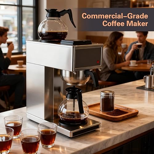 Miniatura 8 de VONCI Cafetera comercial de 1610 W, cafetera de goteo de 12 tazas, 2 jarras de vidrio y 2 calentadores, carcasa y embudo de acero inoxidable,