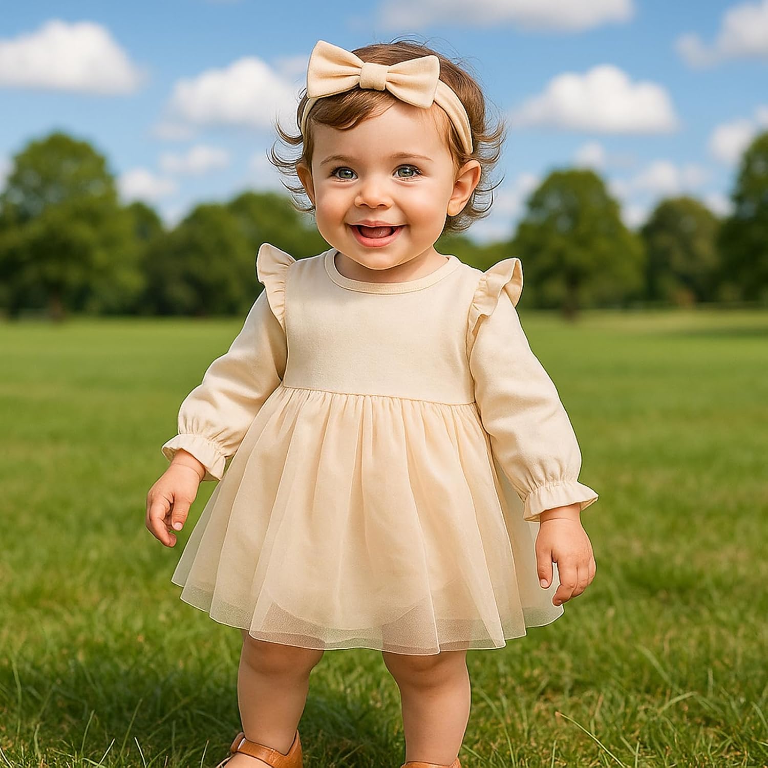 SOBOWO Newborn Infant Baby Girl Romper Dress Tutu Ruffle Long Sleeve Tulle Solid Onsies Dresses Fall Outfits with Headband - Image 3