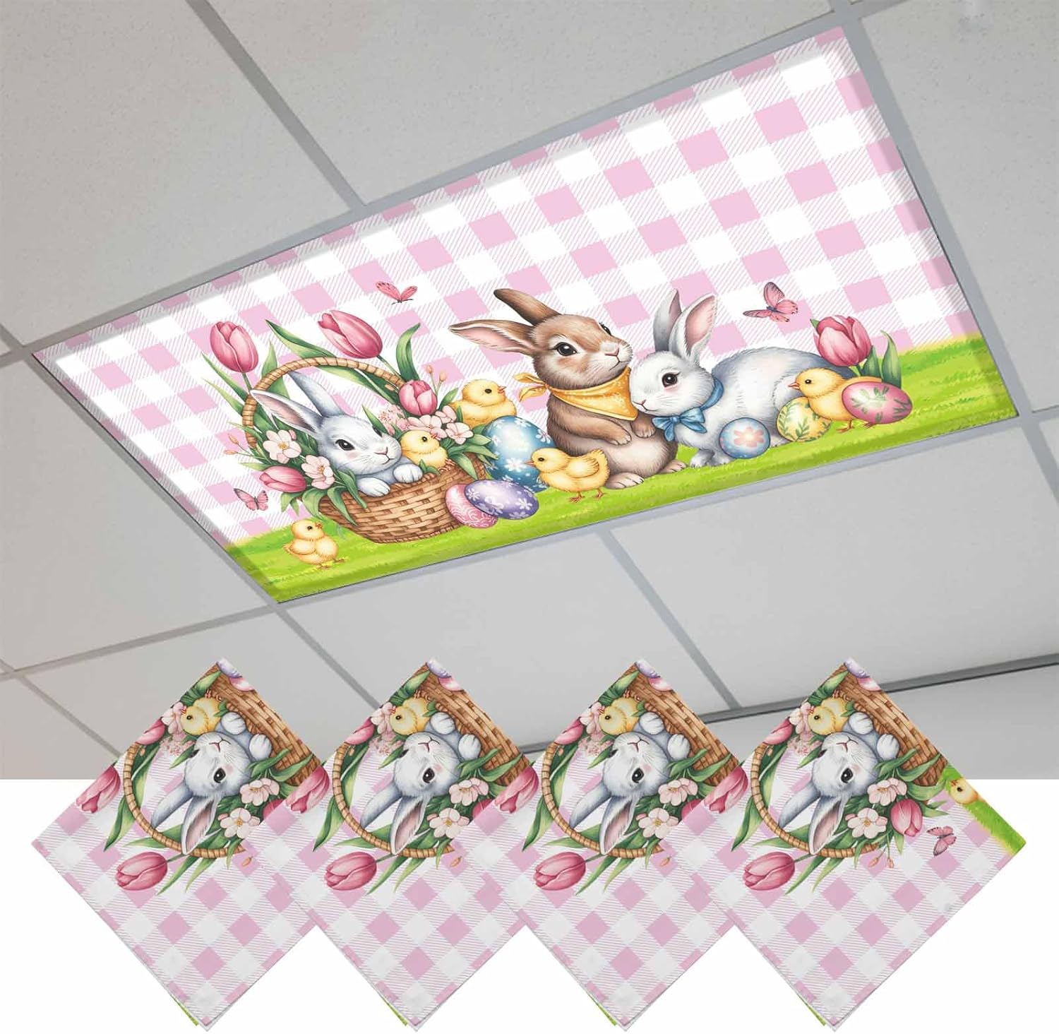 Easter Bunny Fluorescent Light Covers for Ceiling Lights 4x2 feet,4 Pack Magnetic Light Filters for Classroom,Cute Rabbits Chickens Flowers Country Pink Plaid Fluorescent Lamp Shade Panel for Office