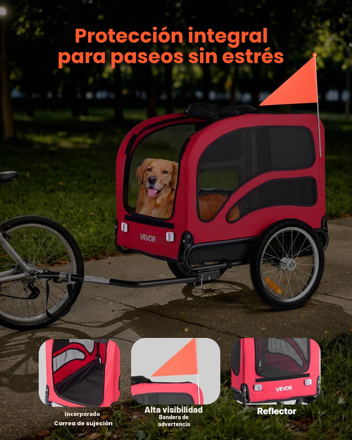 VEVOR Remolque de Bicicleta para Perros, Carga de 45 kg, Portabicicletas Plegable para Perros Pequeños/Grandes con Rueda de Liberación Rápida, Enganche Universal, Reflector, Bandera y Correa Interior