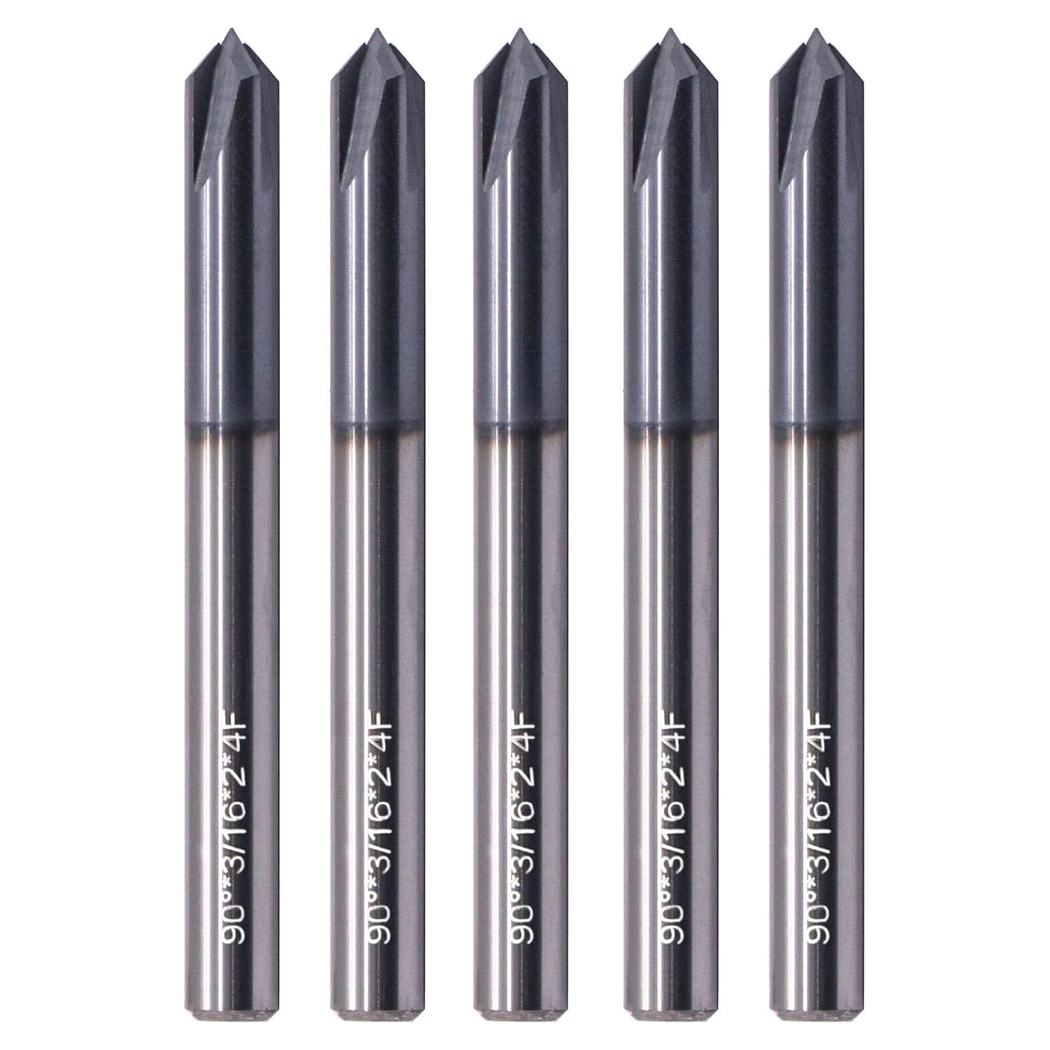 BestParts 5pcs High Performance Solid Carbide End Mill, Chamfer Mill - Single End - AlTiN Coated, 4 Flute, 90° Chamfer Angle, 3/16" Cutting Diameter, 3/16" Shank Diameter, 2" Overall Length