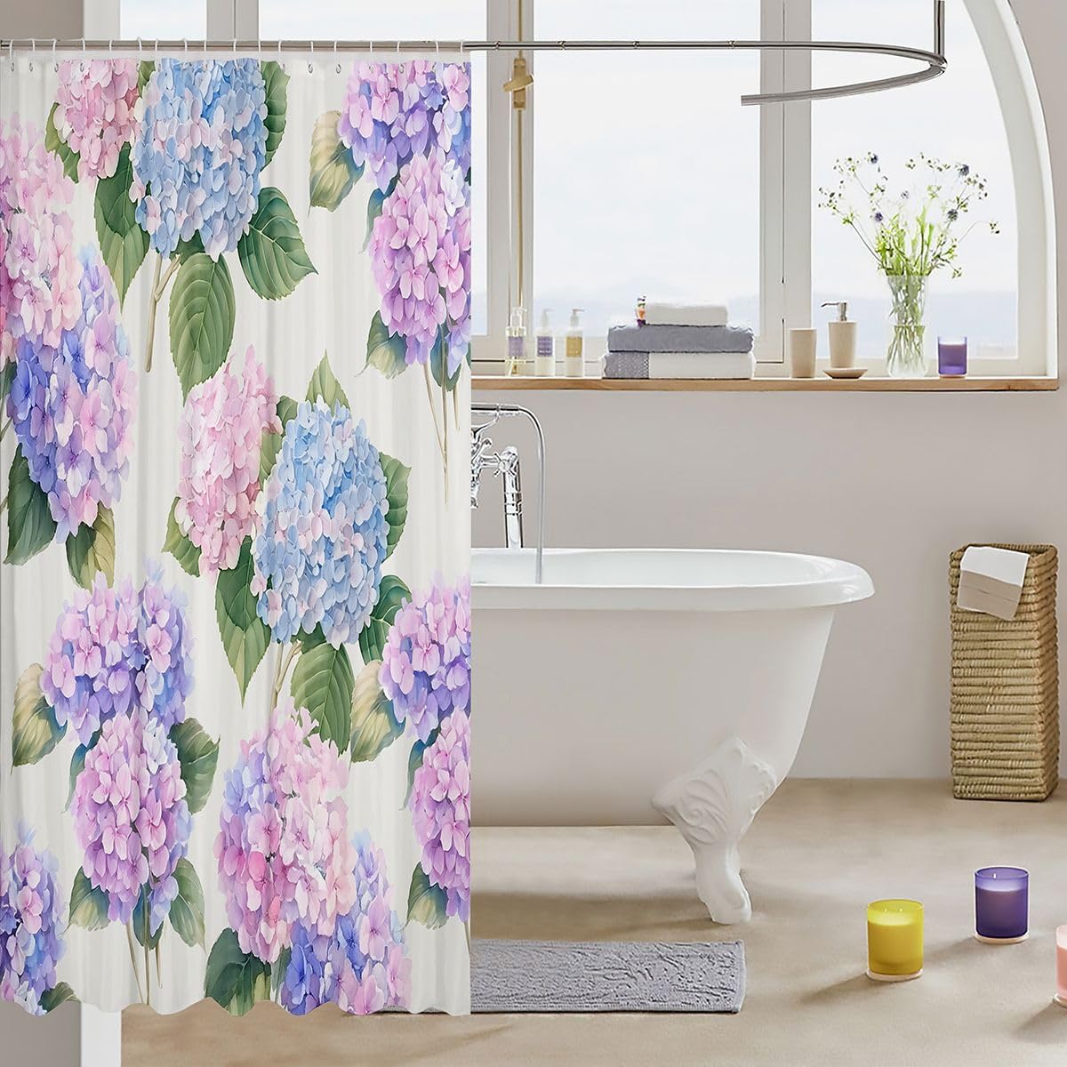 Hydrangea Bathroom Curtain Pastel Hydrangea Floral Shower Curtain 72" Wx72 L Blue Purple Plants Floral Bathroom Accessories for Kids Adults,Rustic Flower Green Leaves Shower Decor image 3