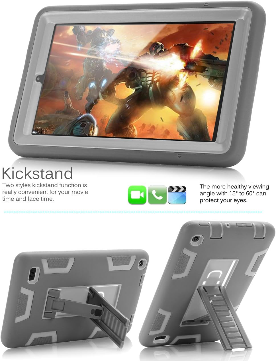 TOPSKY Fire 7" (2015 Release) Case,[Kickstand Feature],Shock-Absorption / High Impact Resistant Heavy Duty Armor Defender Case for Amazon Fire 7 Inch Tablet,with Stylus, Grey