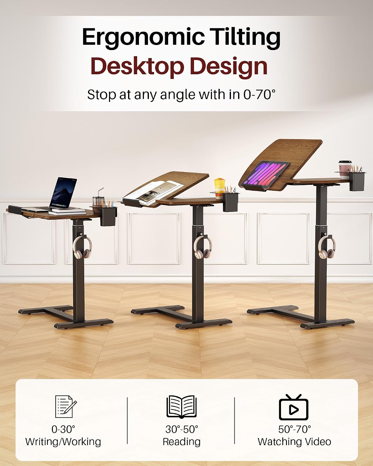 Overbed Bedside Table with Wheels, Pneumatic Adjustable Overbed Table, Tilting Desktop Mobile Standing Desk with Cup Holder/ Pen Holder, Rolling Laptop Desk for Bed, Sofa, or Hospital Use (Walnut)