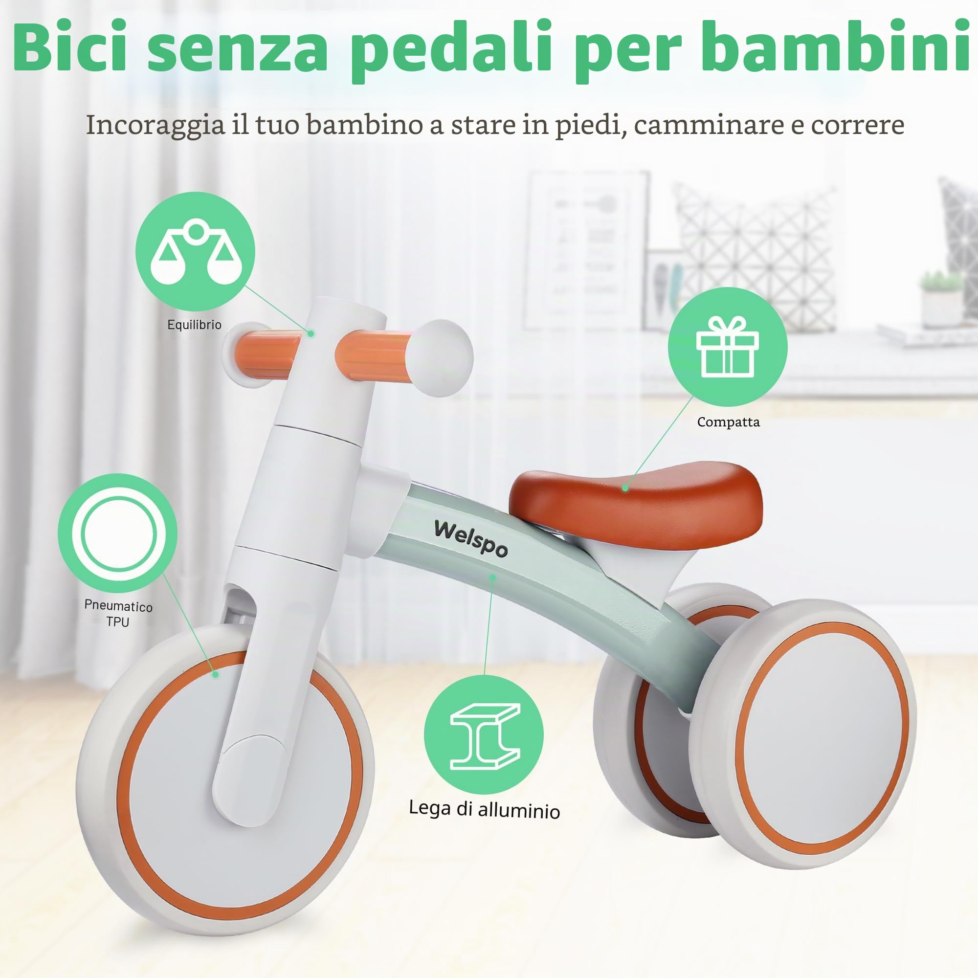 welspo Bicicletta da corsa per bambini a partire da 1 anno, per 12 – 24 mesi, giocattolo, prima bicicletta antiscivolo, per ragazzi e ragazze, come regalo (verde)