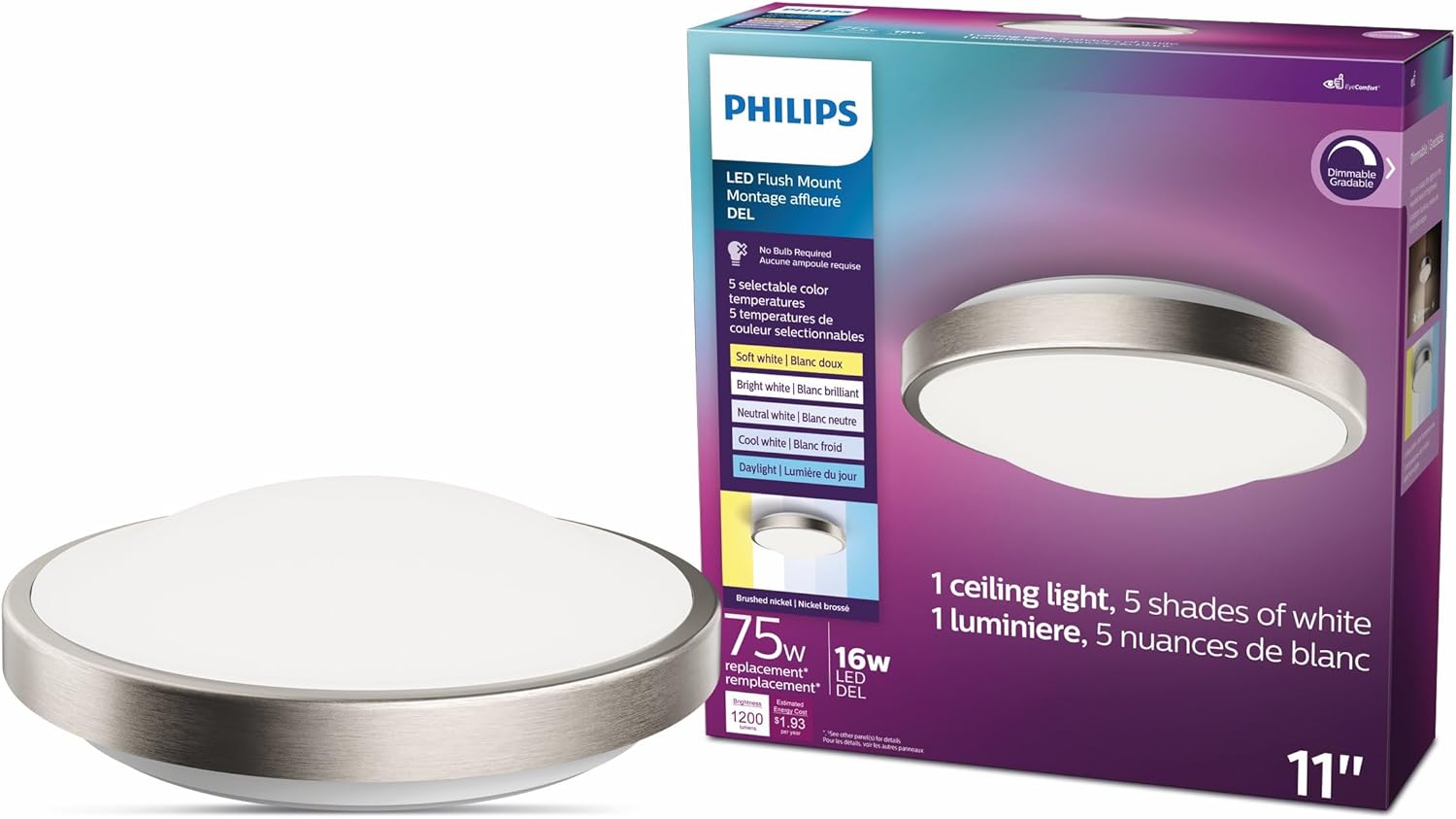 Philips LED 11" Flush Mount Ceiling Light 1-Pack, Selectable White Multi-CCT Brushed Nickel, 1200 Lumen (16W = 75W) Dimmable Ceiling Light, Frosted Flicker-Free, No Bulbs Required