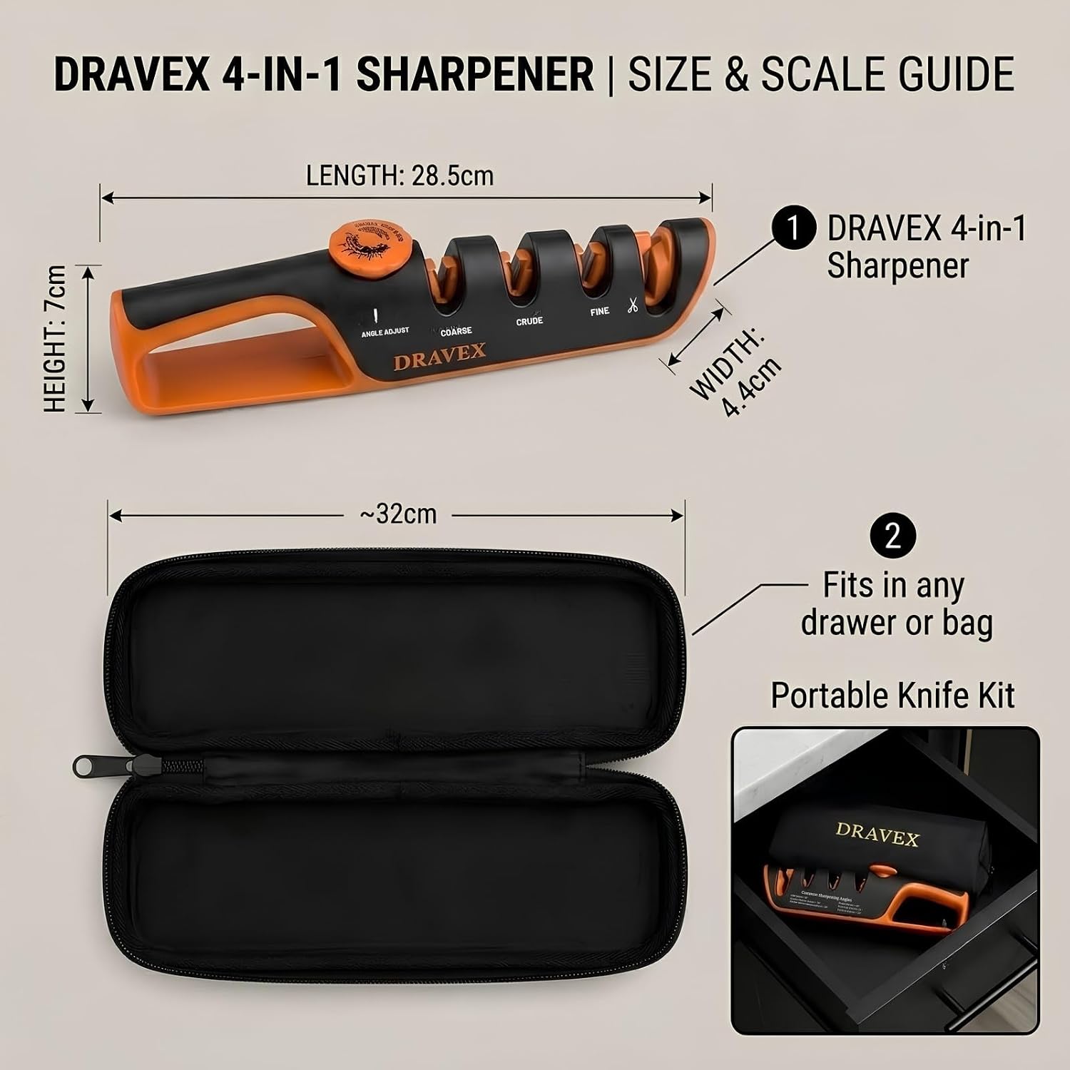 DRAVEX 4-Stage Professional Knife Sharpener Adjustable Angle Guide | Diamond, Tungsten & Ceramic Kitchen Knife Sharpeners with Scissor Slot, Non-Slip Base & Storage Bag