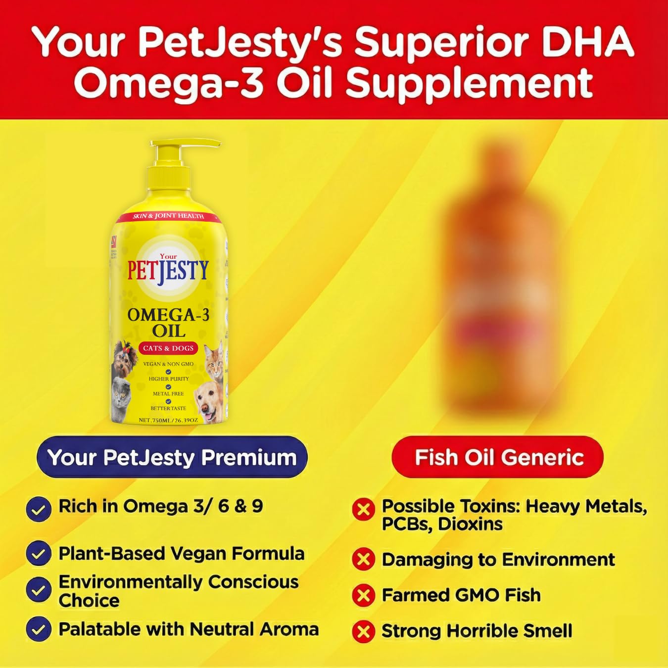 PetJesty Huile pure oméga 3 pour chiens et chats 750 ml – Soutien de la peau et du pelage oméga 3 – Complément alimentaire liquide pour animaux de compagnie – Animal végétalien + DHA pour fonction