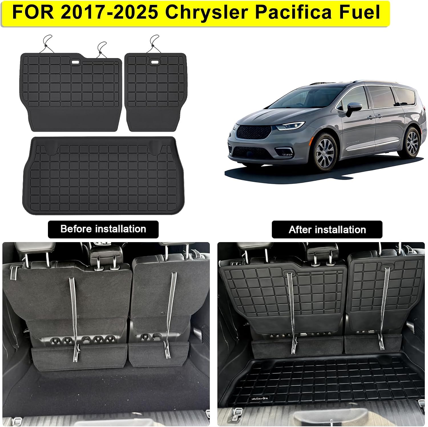 Floor Mats for 2017-2025 2026 Chrysler Pacifica 7/8 Seats(Only Gas), TPE All Weather Protection Car Floor Liner & Trunk Mat & Backrest Mat for Chrysler Pacifica Accessories
